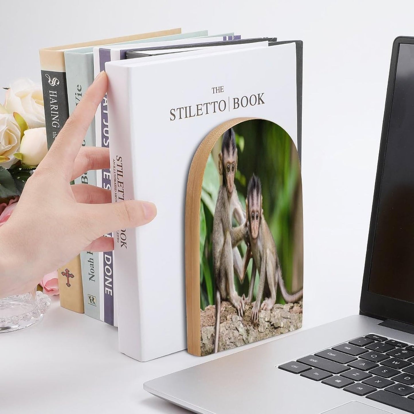 Cute Little Monkeys Wooden Bookend Non-Slip Book Ends Heavy Duty Book Stopper with Metal Base Books Holderd Decorative Bookends Stands Firmly for Office Supplies