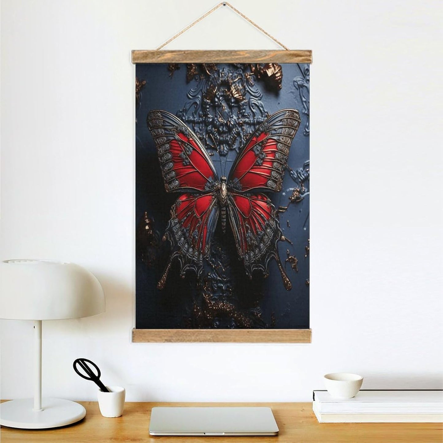 Vintage Red Butterfly Poster with Wooden Frame Personalized Linen Hanging Scroll Painting Rustic Wall Hanging Illustrative Modern Artwork Decor for Home Living Room Bedroom Office