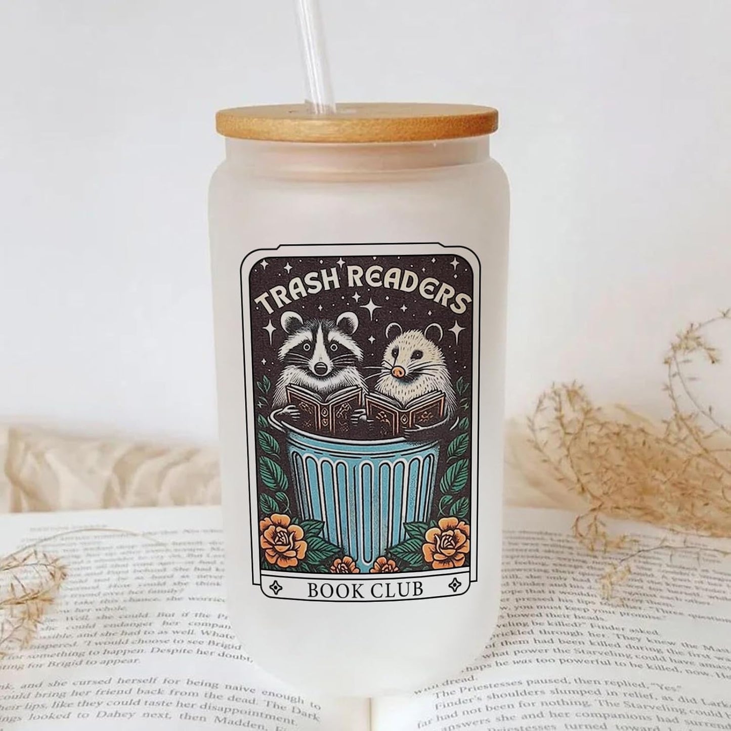 16 Oz Book Club Glass Cup，Cool Book Lovers Gifts, Bookish Gifts for Women, Readers, Best Friends Cute Iced Coffee Tumbler with Lids and Straws