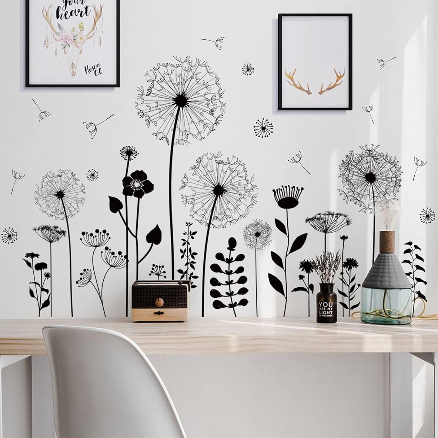 Large Dandelion Wall Stickers, Attractive Flying Flowers Wall Decals, Removable Plants Wall Décor, DIY Art Mural Vinyl for Bedroom Living Room Sofa Backdrop Classroom Decoration (Black)