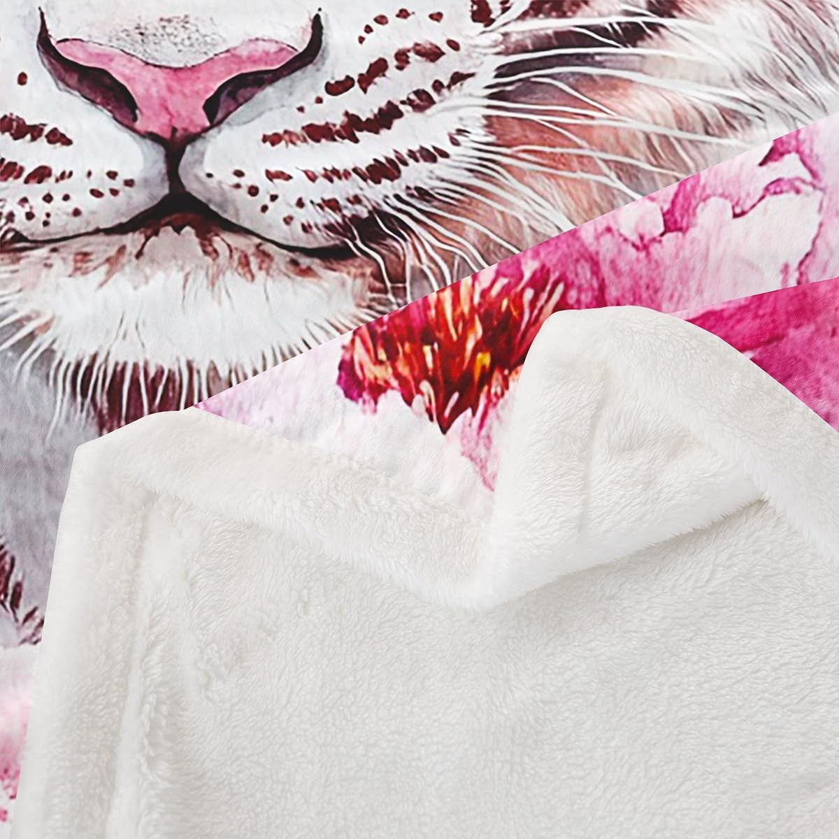Floral Tiger Throw Blanket White Tiger Fleece Blanket, 40"X50" Brown Stripes Tiger Fuzzy Blanket for Girls Lady Women, African Safari Animal Print Plush Bed Blanket Pink Bedroom Decor