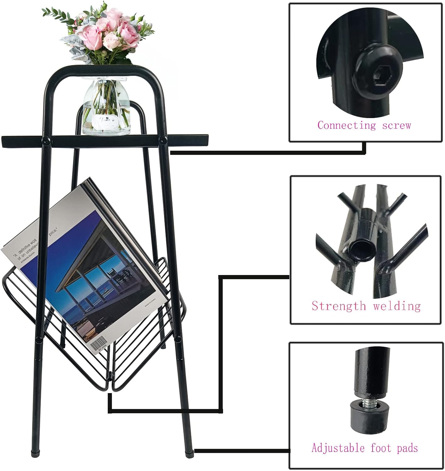 End Table, Metal Nightstand, Record Player Table with Magazine Holder, Record Player Stand with Storage, Side Table for Living Room, Bedroom for Small Spaces, Black