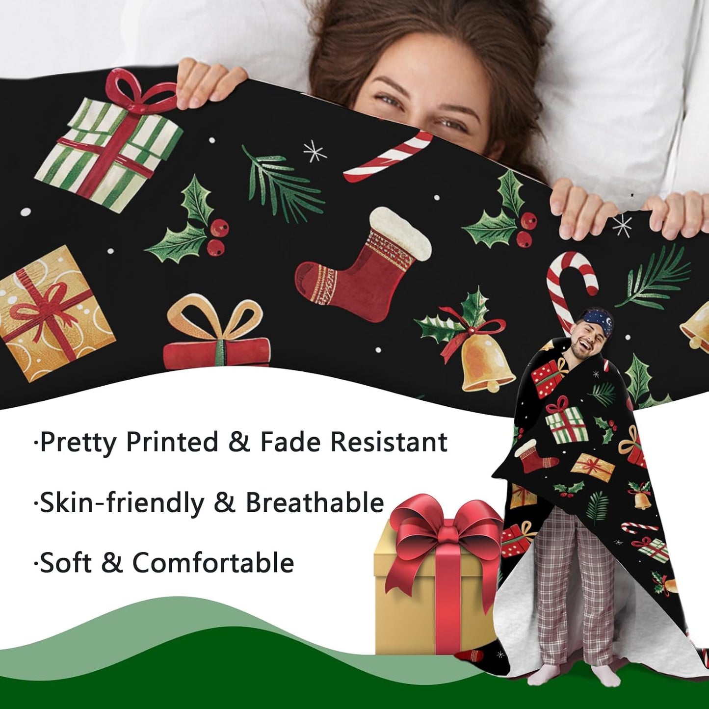 Black Flannel Throw Blanket, Xmas Candy Cane Stocking Jingle Bell Holly Berries Birthday Present for Kids Men Women, Winter Holiday Soft Blankets for Bedding Sofa 50 x 60 Inches