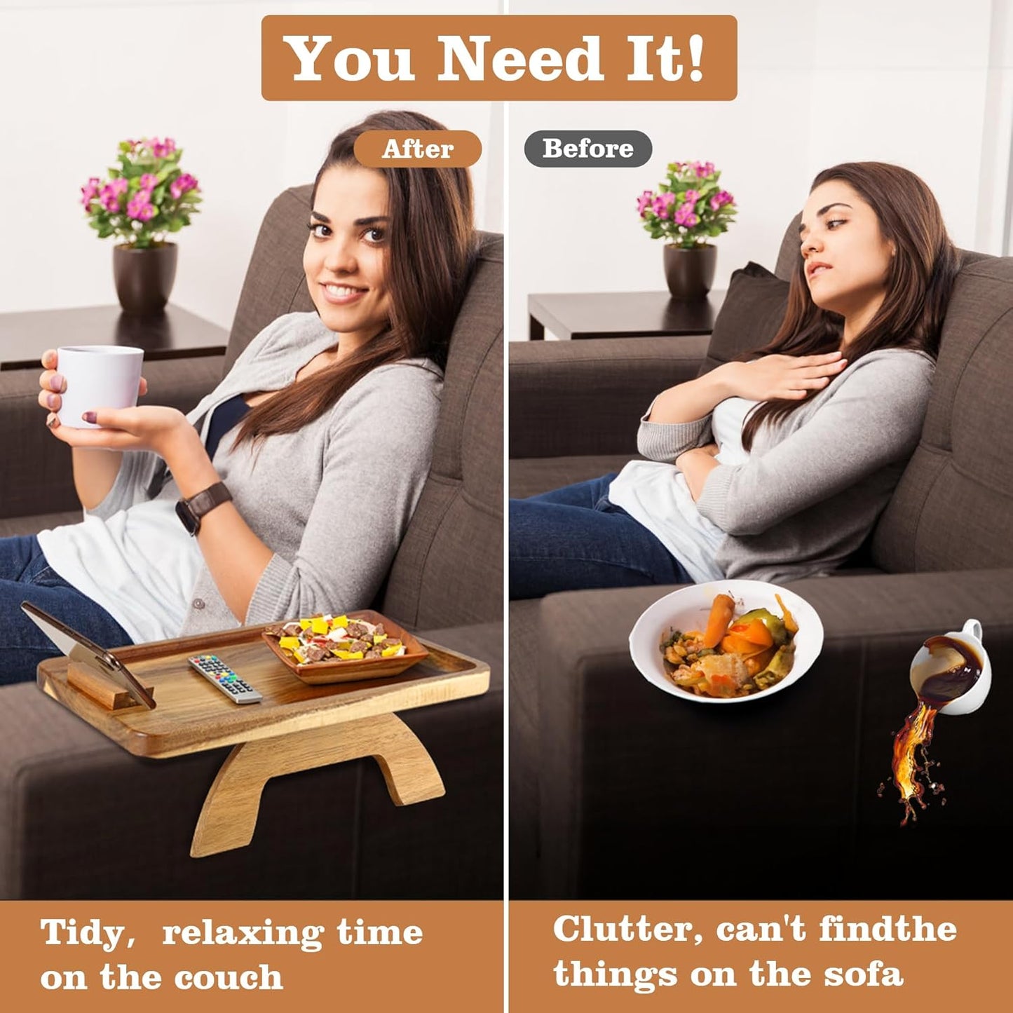 Acacia Wood Couch Armrest Table,Sofa Arm Tary Table for Living Room,Sofa Armrest Tray with Rotated Phone Holder,Clip on Arm Rest Tables for Couch,Foldable Side Tables Serving Trays for Eating&Drinking