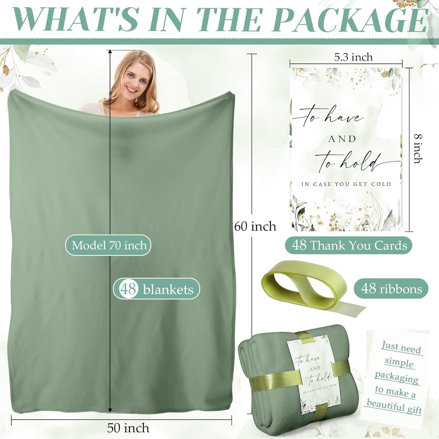 Buryeah 48 Pack Oeko-Tex Certified Wedding Flannel Throw Blanket Bulk 50 x 60 Inch Soft Fleece Lap Blanket with Thank You Cards Ribbon for Guests Sleepover Spa Slumber Gifts (Sage Green)