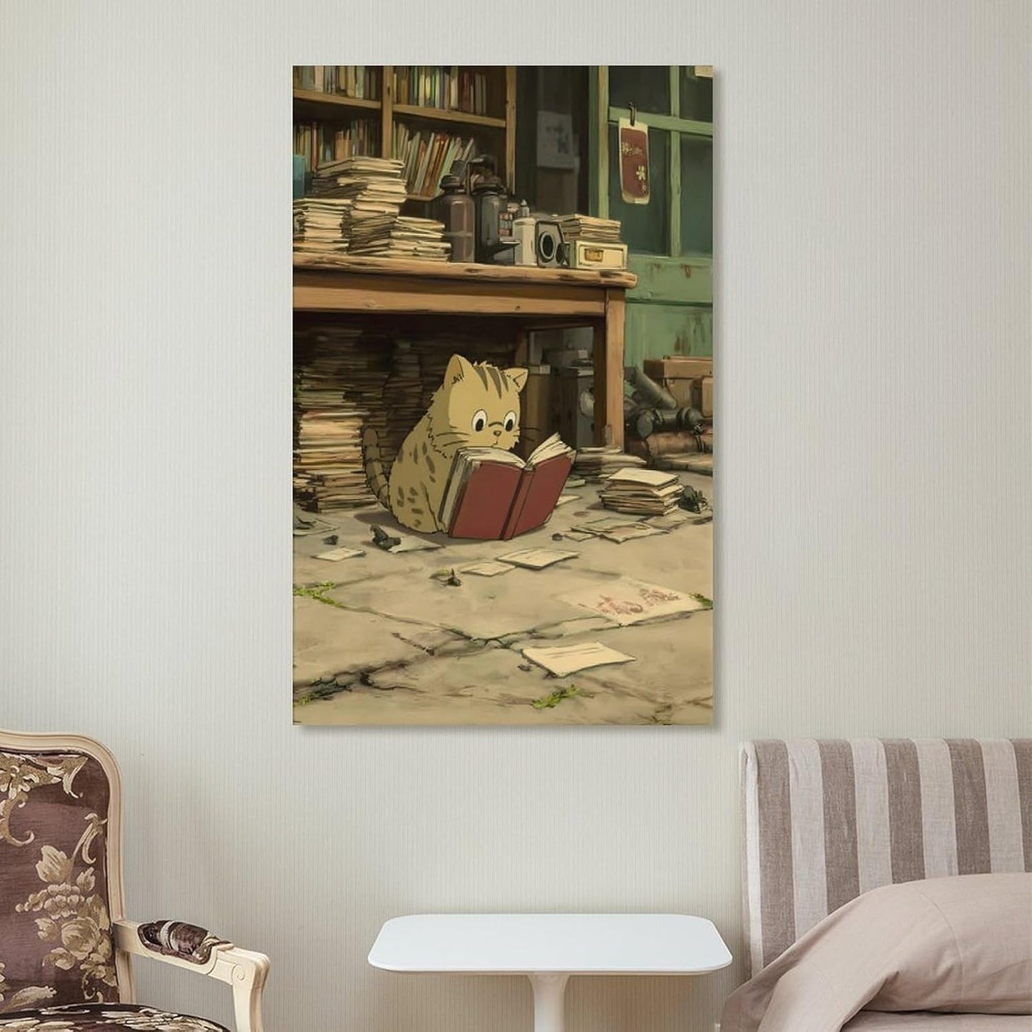 Kitten Sitting Room Full Books Clutter Seriously Reading Red Book Canvas Wall Art Living Unframe-style-2 08x12inch(20x30cm)