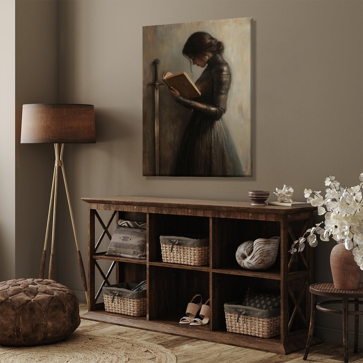Dark Academia Wall Art Victorian Woman Knight Reading Book Print Vintage Gothic Library Canvas Art Poster Literary Gift for Book Lovers Study Room Decor Aesthetic 8x12inch Unframed