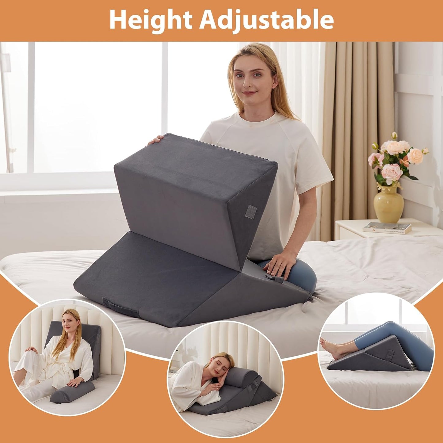 3PCS Wedge Pillow for Acid Reflux Relief, Adjustable Wedge Pillow Headboard, Bed Wedges Pillow for Back Pain Relief, Sleeping, Post Surgery, Back Support Pillows for Sitting Up, Snoring, Plush Grey