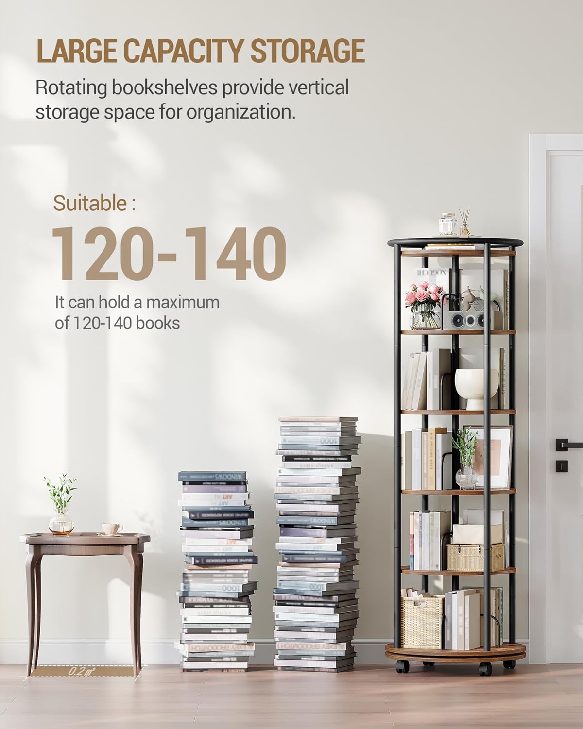 Rotating Bookshelf, 360° Spinning Bookshelf Tower, Display Revolving Bookcase, Round Book Shelf, Narrow Swivel Bookshelves for Small Space, Bedroom, Living Room, 6-Tier Rustic Brown, BC52101B