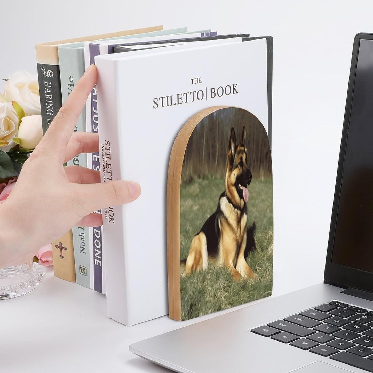 German Shepherd Dog Bookend for Shelves Wooden Book End Large Size Sturdy Book Holders Stoppers with Metal Base for Bookshelves Slick Decorative Bookends Stands