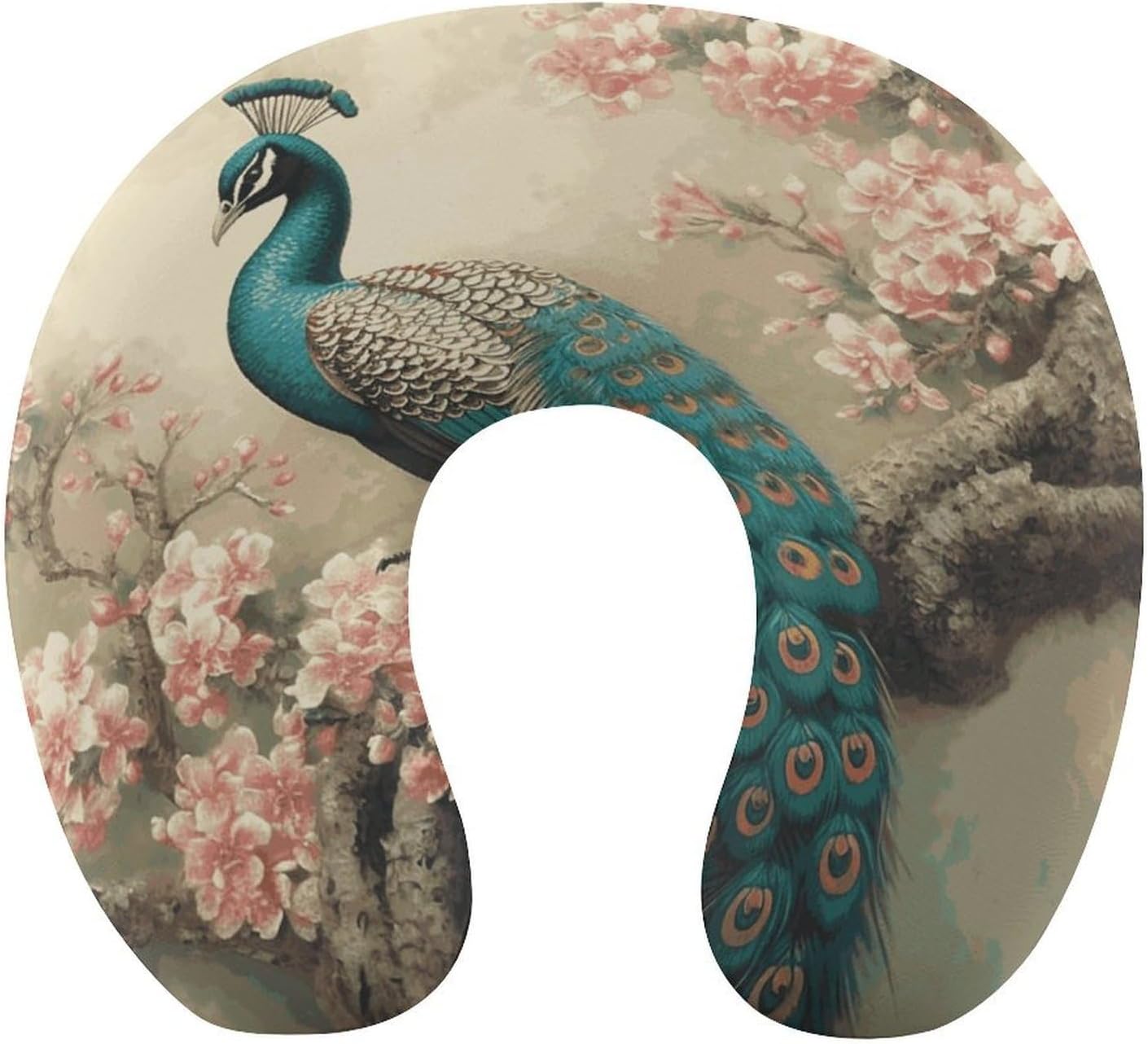 Oriental Peacock on Flower Tree Neck Pillow Memory Foam U Shaped Pillows Portable Pillows for Shoulder Travel Head Support Pillow with Concealed Zipper for Airplane Car Home Office