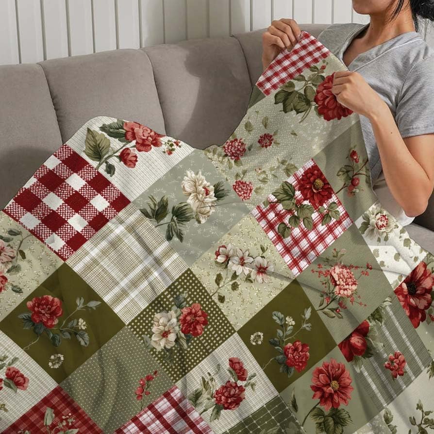 MASLEK Floral Patchwork Throw Blanket Vintage Farmhouse Flower Plaid Blanket Rustic Cottagecore Botanical Cozy Flannel Blanket for Couch Sofa Bed Home Decor, 50x60 Inch