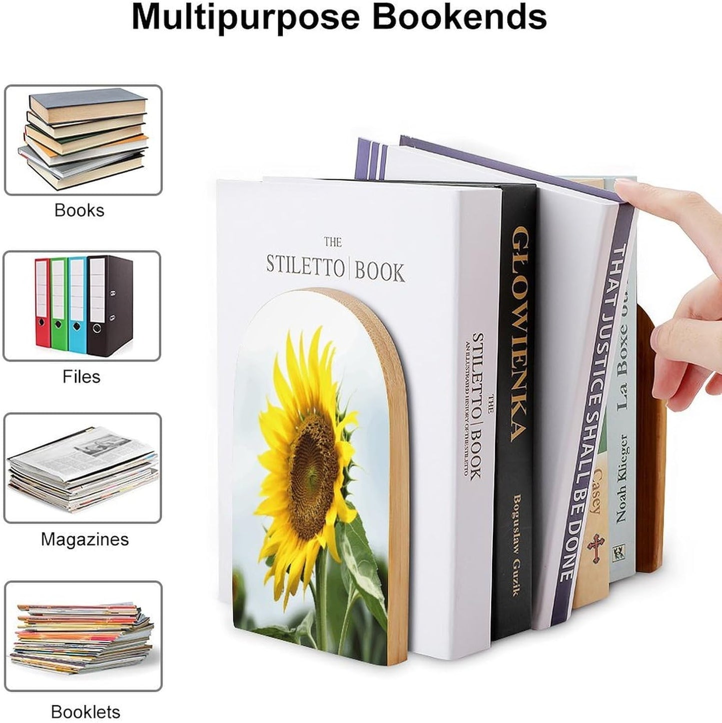 Bloom Sunflower Bookend for Shelves Wooden Book End Large Size Sturdy Book Holders Stoppers with Metal Base for Bookshelves Slick Decorative Bookends Stands