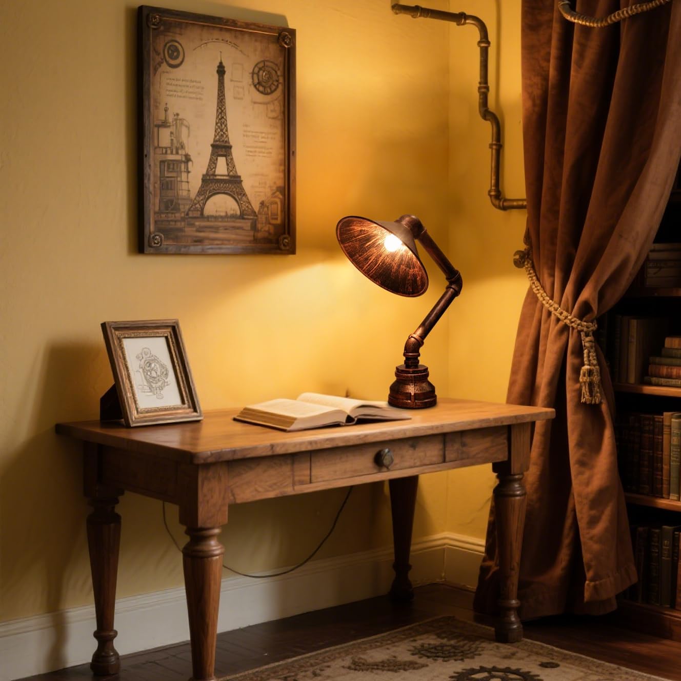 Steampunk Table Lamp, Industrial Water Pipe Lamp Retro Iron Piping Desk Lamp Vintage Nightstand Lamps for Bedroom Living Room Kitchen Café Dorm Pub Brown1