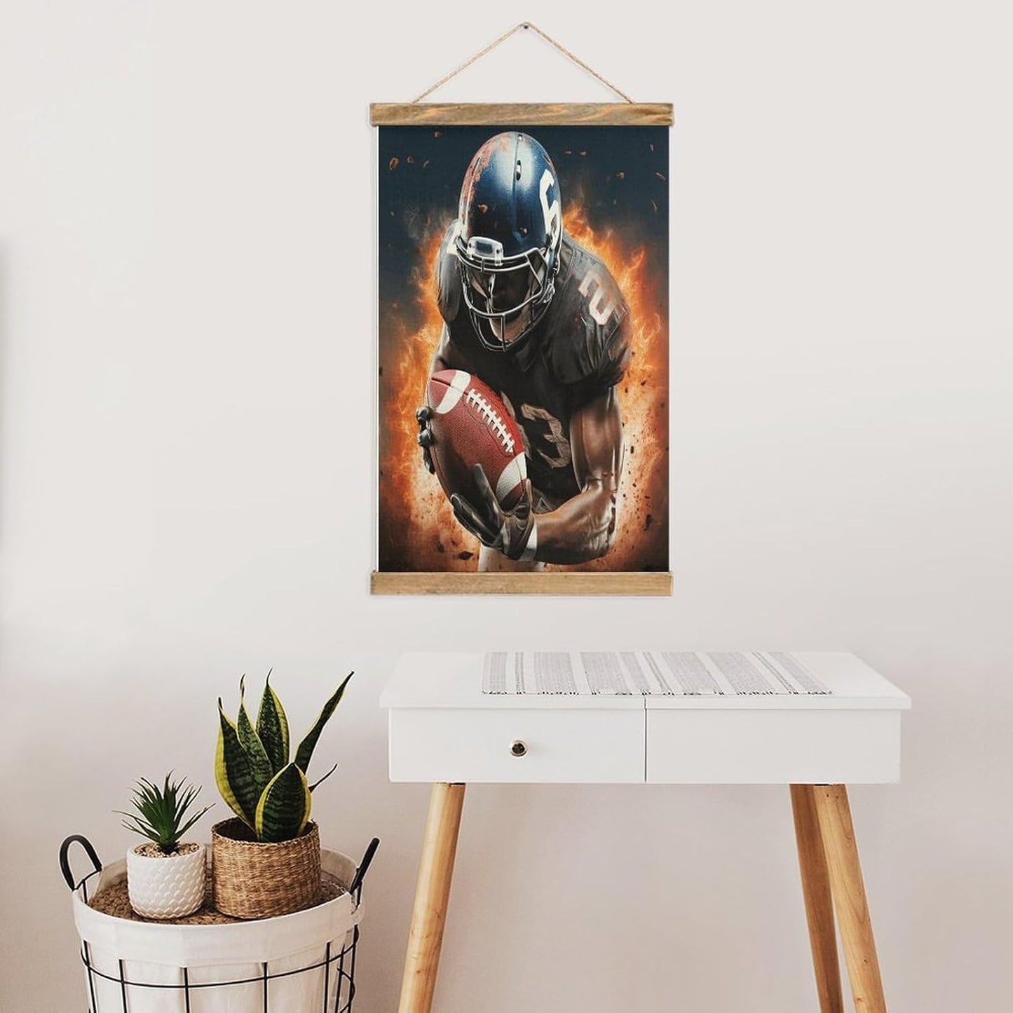 Vintage Cool American Football Poster with Wooden Frame Personalized Linen Hanging Scroll Painting Rustic Wall Hanging Illustrative Modern Artwork Decor for Home Living Room Bedroom Office