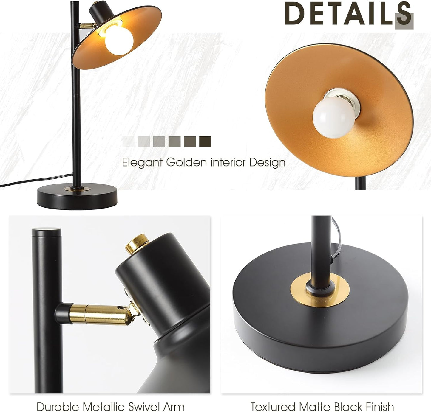 Modern Desk Lamp Black Gold Table Lamp Metal Reading Light with Adjustable Swivel Arm Reading Lamp for Nightstand Bedside Table, Office Desk, Living Room