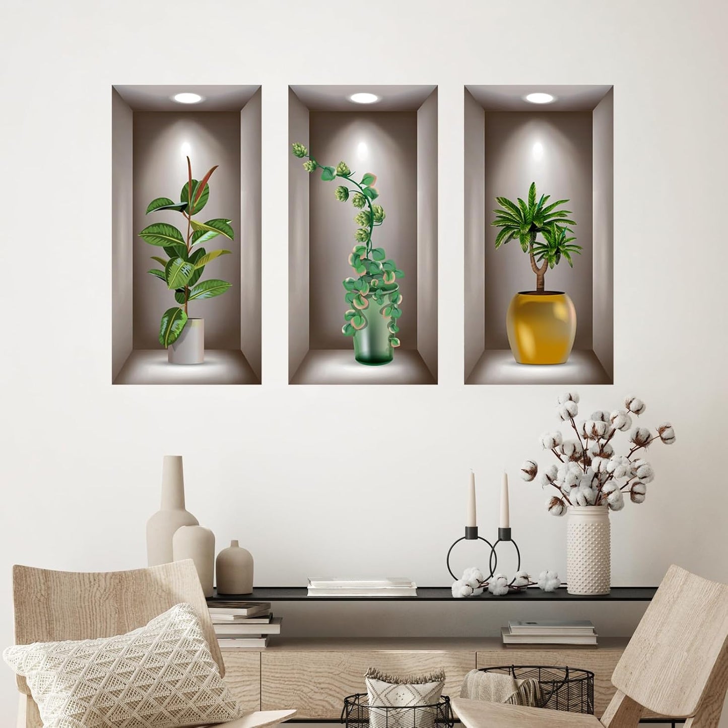3D Potted Plants Wall Stickers Set of 3 Green Plants Leaves Wall Decals Peel and Stick 3D Magic Wall Art Sticker for Living Room Bedroom Aisle Entrance Sofa Backdrop Yoga Room Home Decor