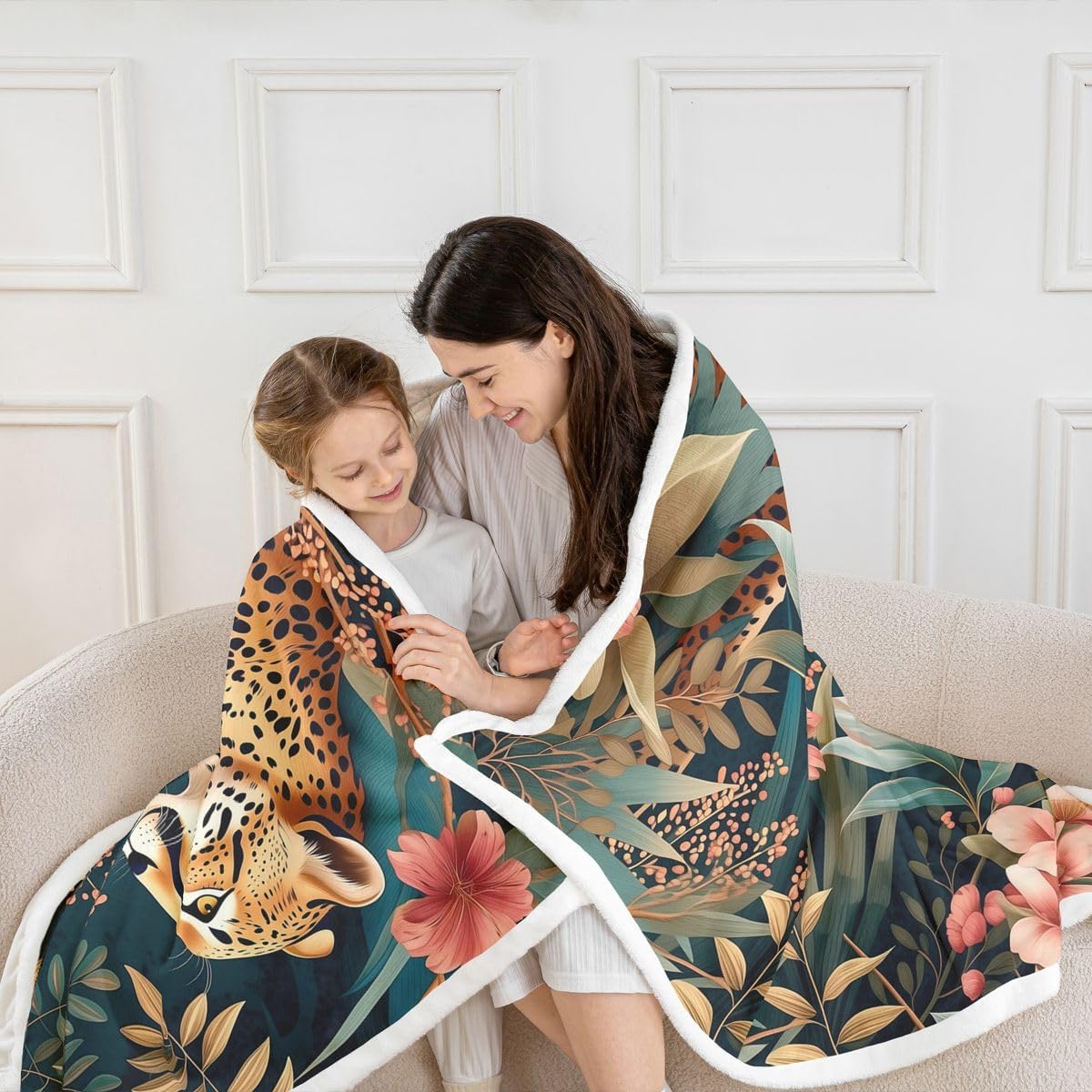 Feelyou Jungle Leopard Animal Sherpa Throw Blanket for Couch Vintage Floral Super Soft Cozy Fleece Farmhouse Blanket for Winter, Plush Throw Throw 50"x60" All Season