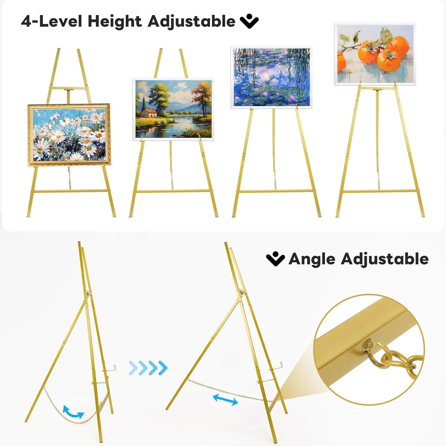 Gold Easel Stand for Sign, Adjustable Metal Display Easel 4-Tier Height Large Artist Display Easels for Painting Wedding, Baby Shower, Birthday Party and Commercial Display