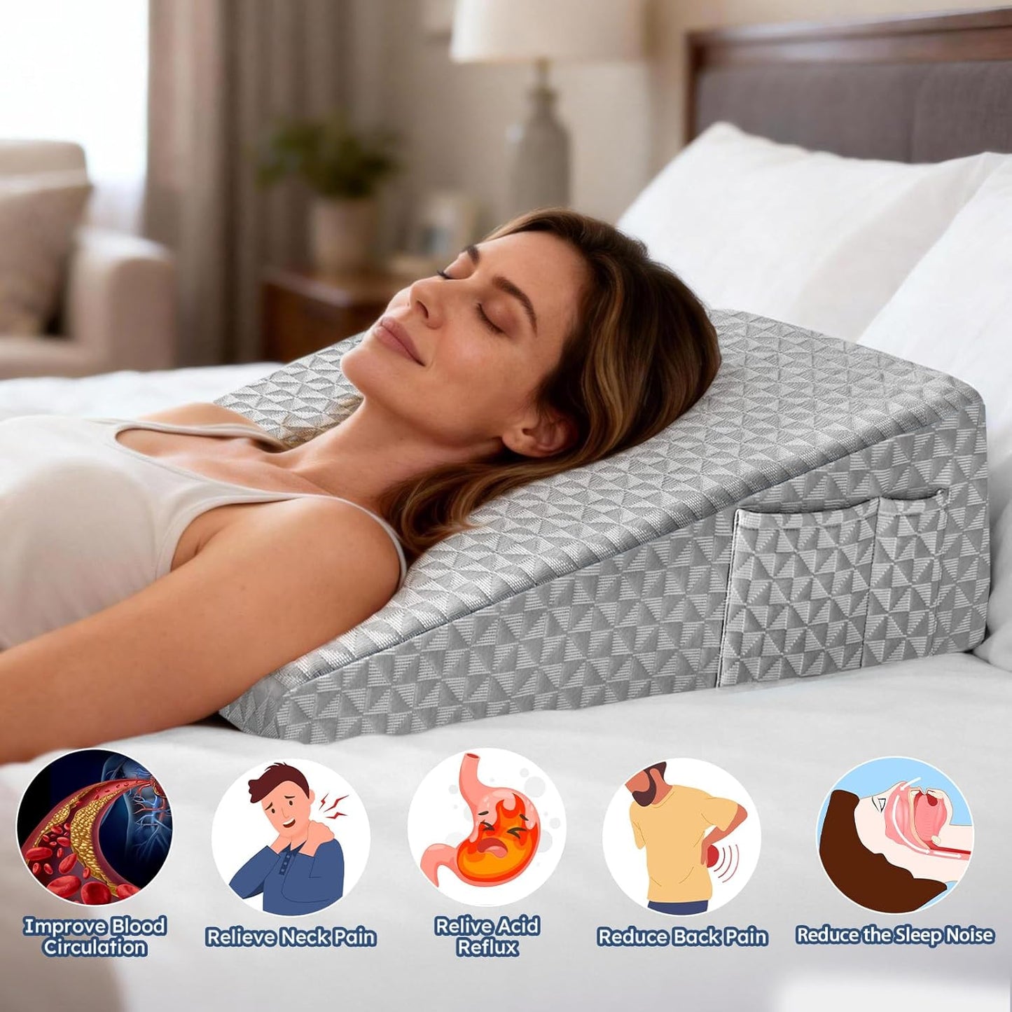 Wedge Pillow 7.5" Bed Wedge After Surgery, Back Pain Relief, Memory Foam Pillow Triangle Incline Wedge for Back Support, Leg Elevation（Light Grey）