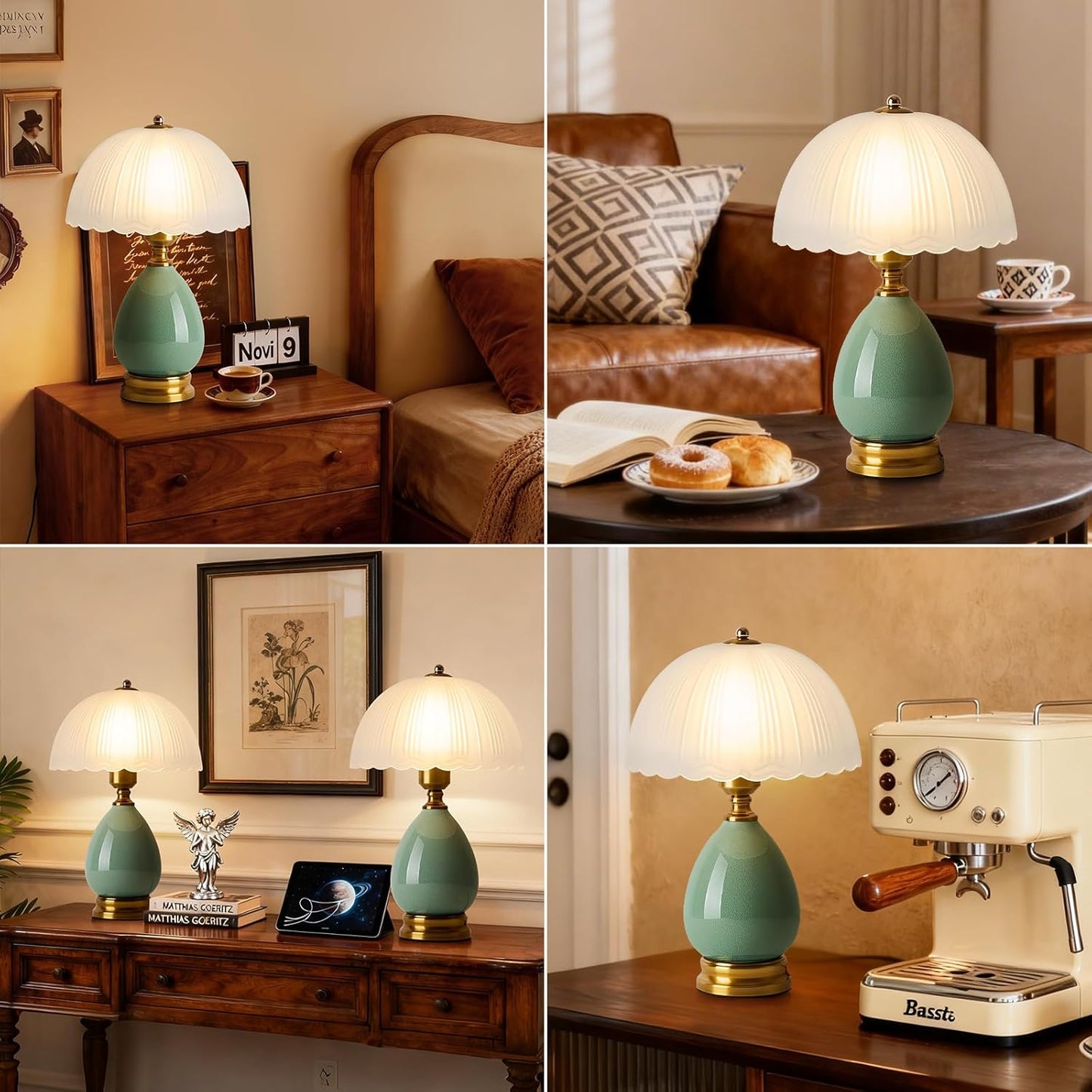 Ceramic Table lamp, Modern Bedside Lamps Green Mid Century Vintage Desk Lamp Retro Glass Mushroom Traditional Lamp for Nightstand Living Room Bedroom Home Decor (S04GN-1PACK)