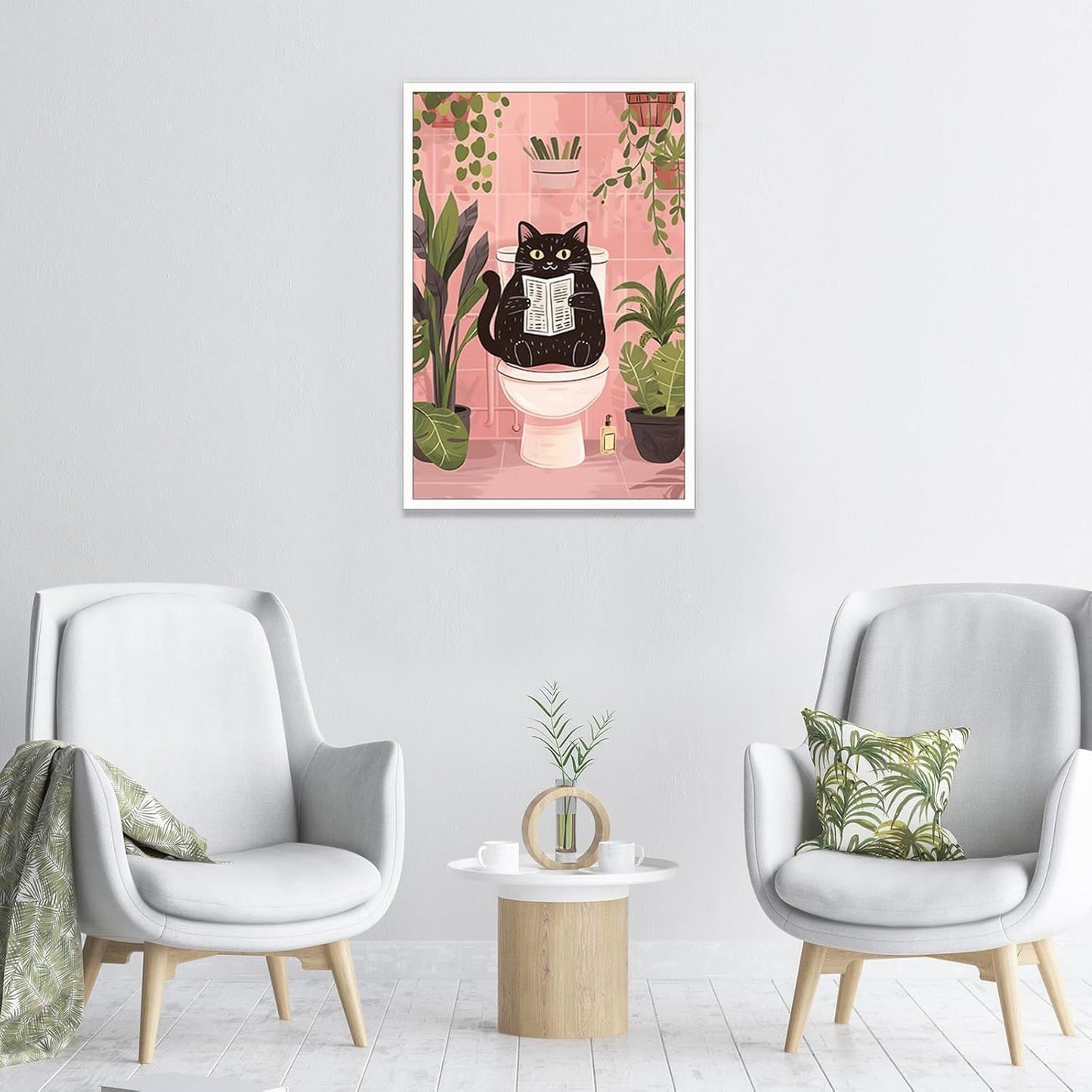 DVBOCS Funny Bathroom Black Cat Posters Cute Pets Cat Reading Newspaper On The Toilet Wall Art Print Vintage Cute Humorous Animal Plants Poster For Bathroom Toilet Decor 12x16in Unframed