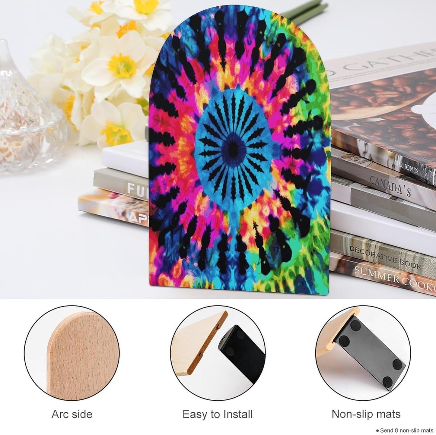 Non-Slip Bookend for Shelves Exotic Tribe Tie Dye Style Wooden Bookends with Metal Base Decorative Book Stopper for Home Heavy Duty Wood Book Storage for Books/CDs