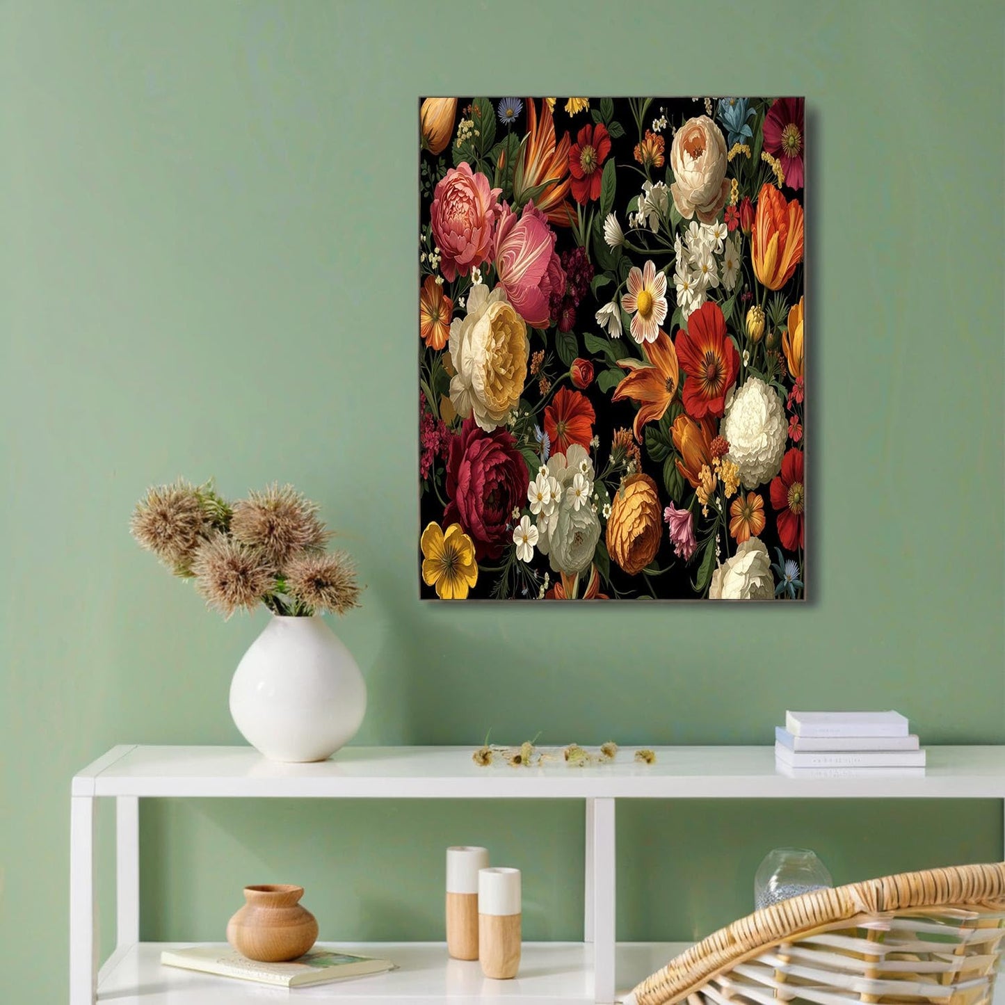 GDJSMIN Baroque Style Wall Art, Peony Rose Leaf Illustration Poster for Reading Room Living Room Decor 24 x 36 inch Unframed