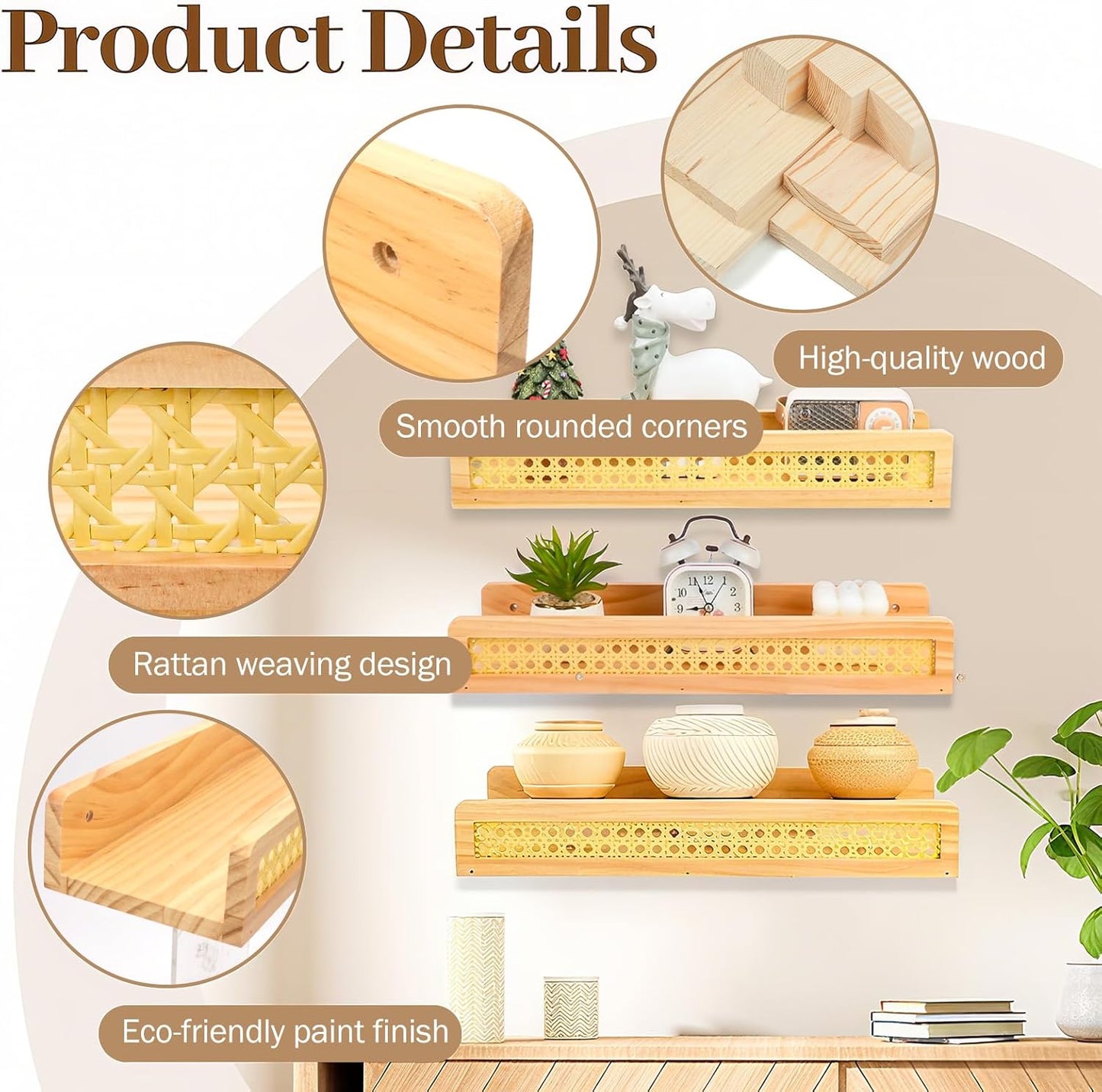 Zoyiancy 3 Pcs Rattan Wall Shelf, Natural Wooden Wall Mounted Floating Shelves, Decorative Picture Ledge Wicker Nursery Bookshelves for Bedroom, Kitchen, Living Room, Office