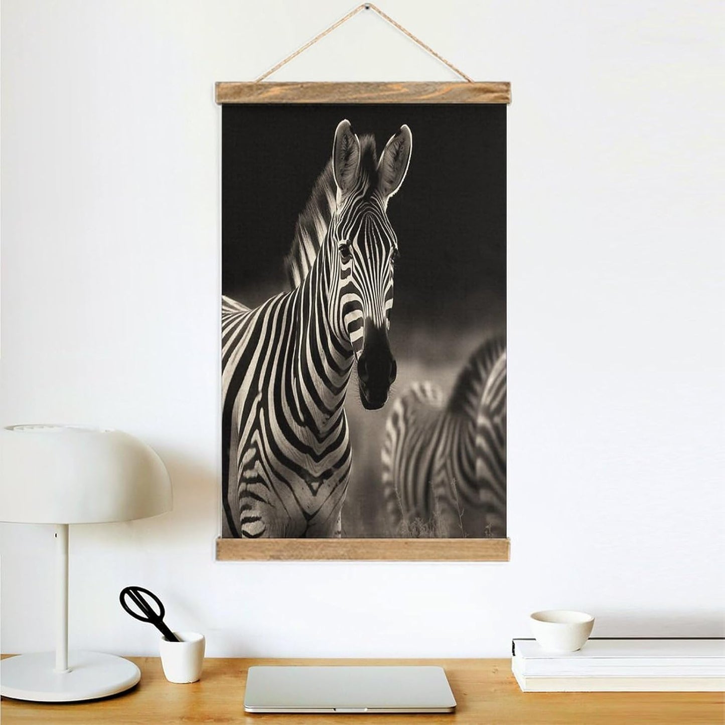 Vintage Wild Animals Zebra Poster with Wooden Frame Personalized Linen Hanging Scroll Painting Rustic Wall Hanging Illustrative Modern Artwork Decor for Home Living Room Bedroom Office