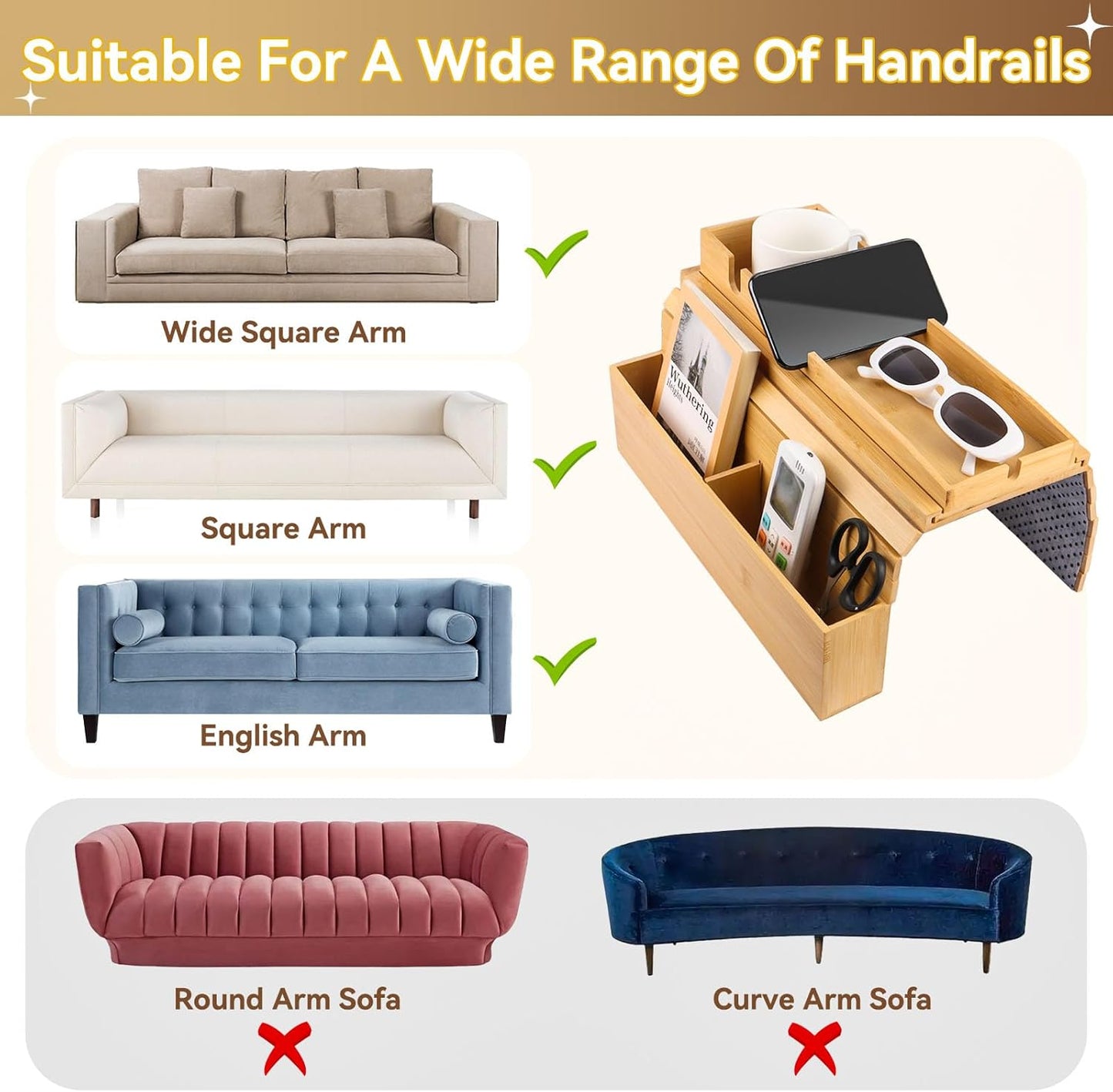 Bamboo Sofa Arm Tray, 2-in-1 Foldable Couch Armrest Tray with Detachable Cup Holder,Couch Arm Table for Armrests 5.5"–10.5" Wide,Anti-Falling Sofa Table for Drink,Cups,Phone,Snacks,Remote
