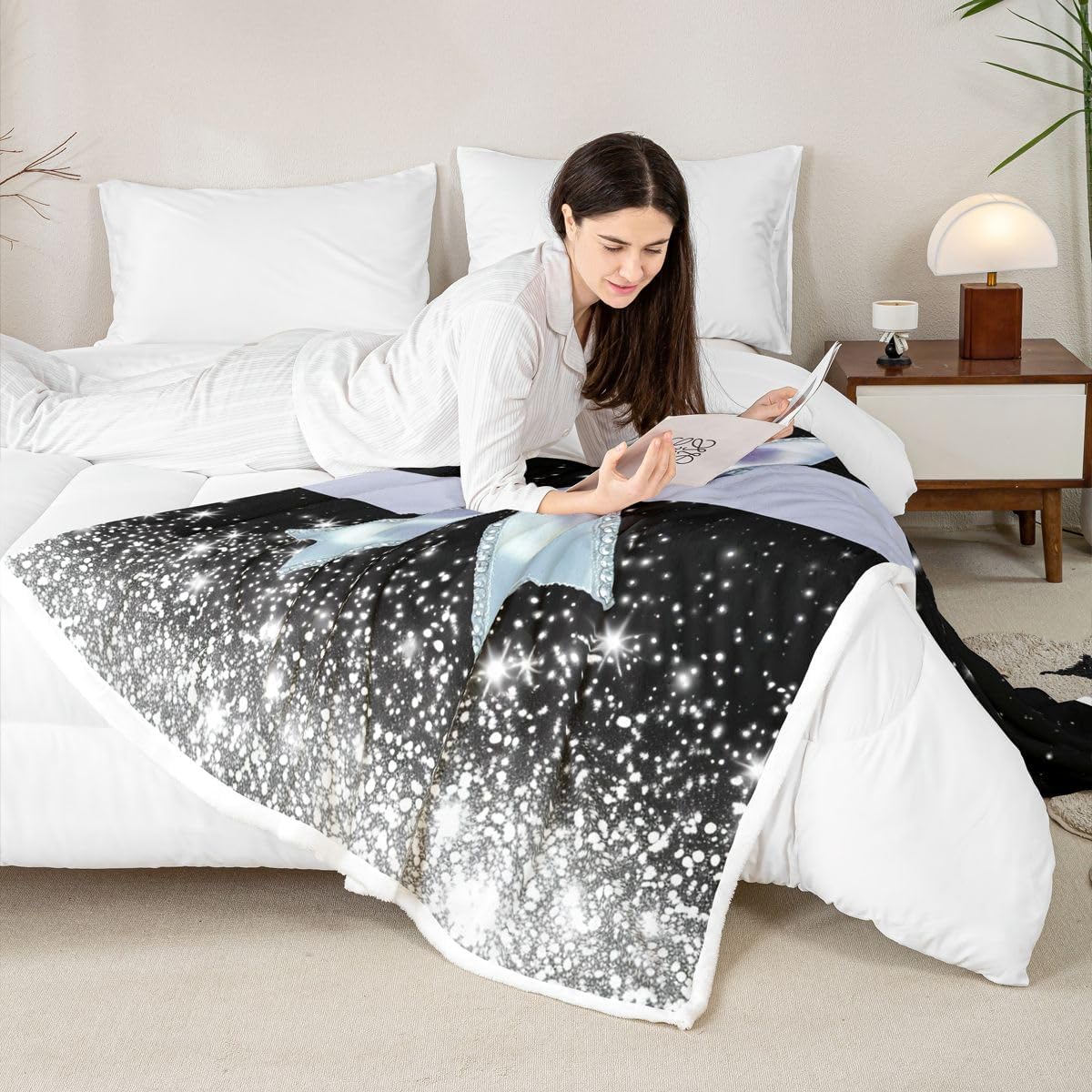 Feelyou Bow Sherpa Throw Blanket for Couch Black Blue Super Soft Cozy Fleece Glitter Blanket for Winter, Plush Throw Pastel Throw 50"x60" Bow Knot Accent All Season