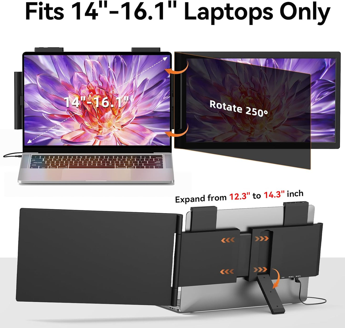 Laptop Screen Extender, 14" 1080P Portable Monitor, Type-C HDMI Plug and Play for 13.3" - 16.1" Laptops, 270° Rotation Attachment Display for Windows/MacOS/Chrome Laptop Phone