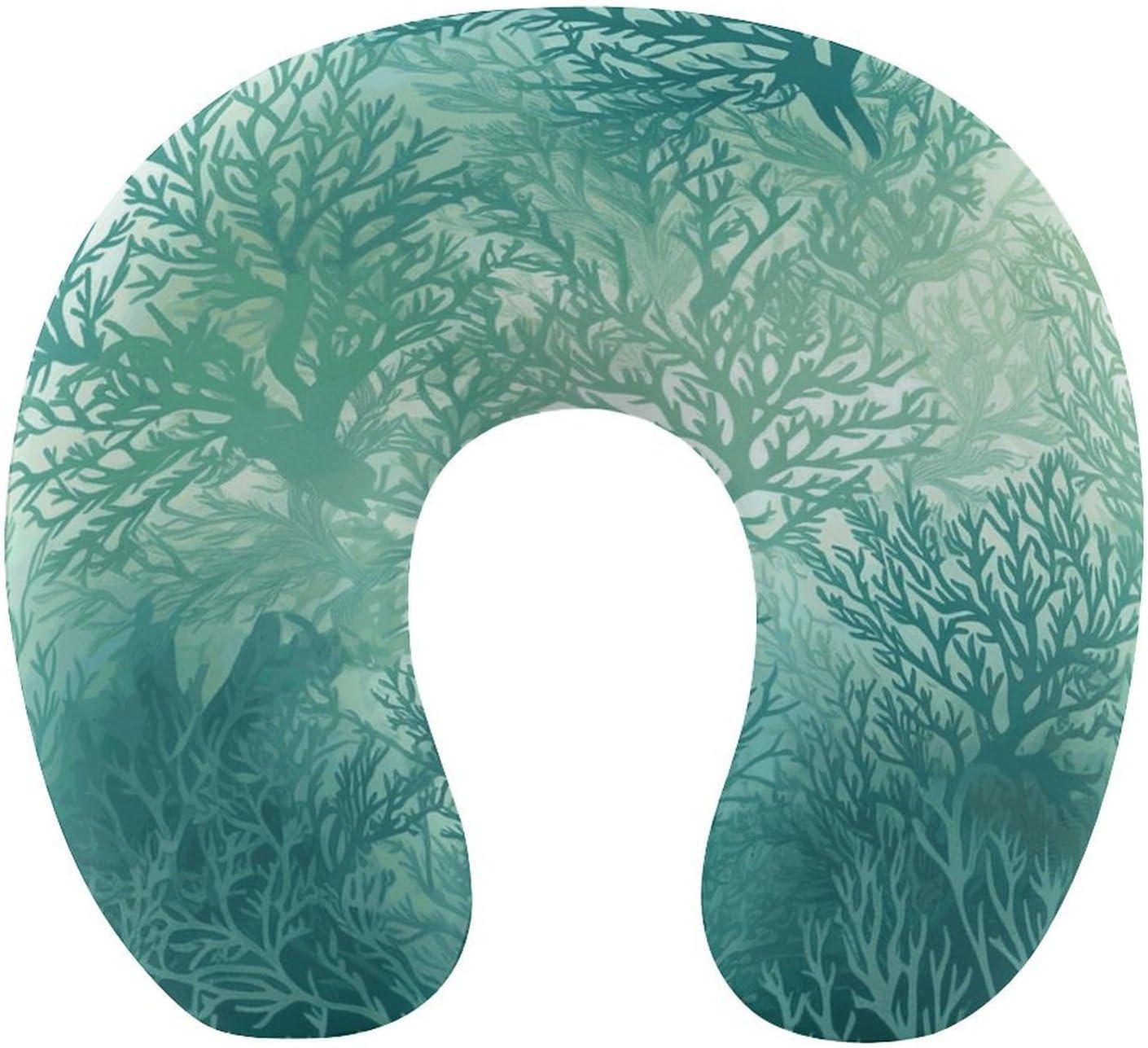 Green Sea Blue Seaweed Neck Pillow Memory Foam U Shaped Pillows Portable Pillows for Shoulder Travel Head Support Pillow with Concealed Zipper for Airplane Car Home Office