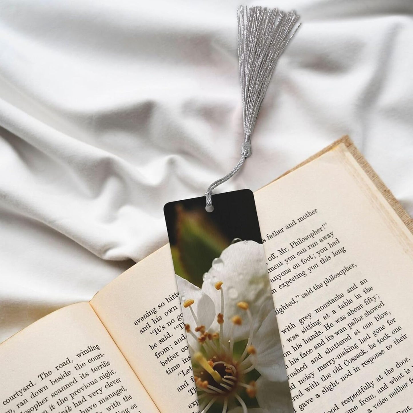 White Pear Blossom Bookmarks Gifts for Women Men, Wooden Bookmarks for Book Lovers, Vintage Book Marks Ornaments with Tassel, Unique Personalized Reading Page Markers Gray