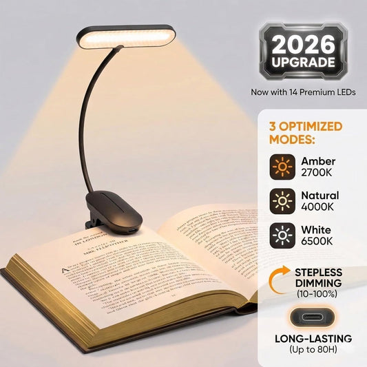 TATAANTY 14 LED Rechargeable Book Light for Reading in Bed, 3 Color Temperatures & Stepless Dimming, Up to 80H Runtime, Eye-Caring Amber Light, Lightweight Clip-on Reading Lamp for Book Lovers & Kids