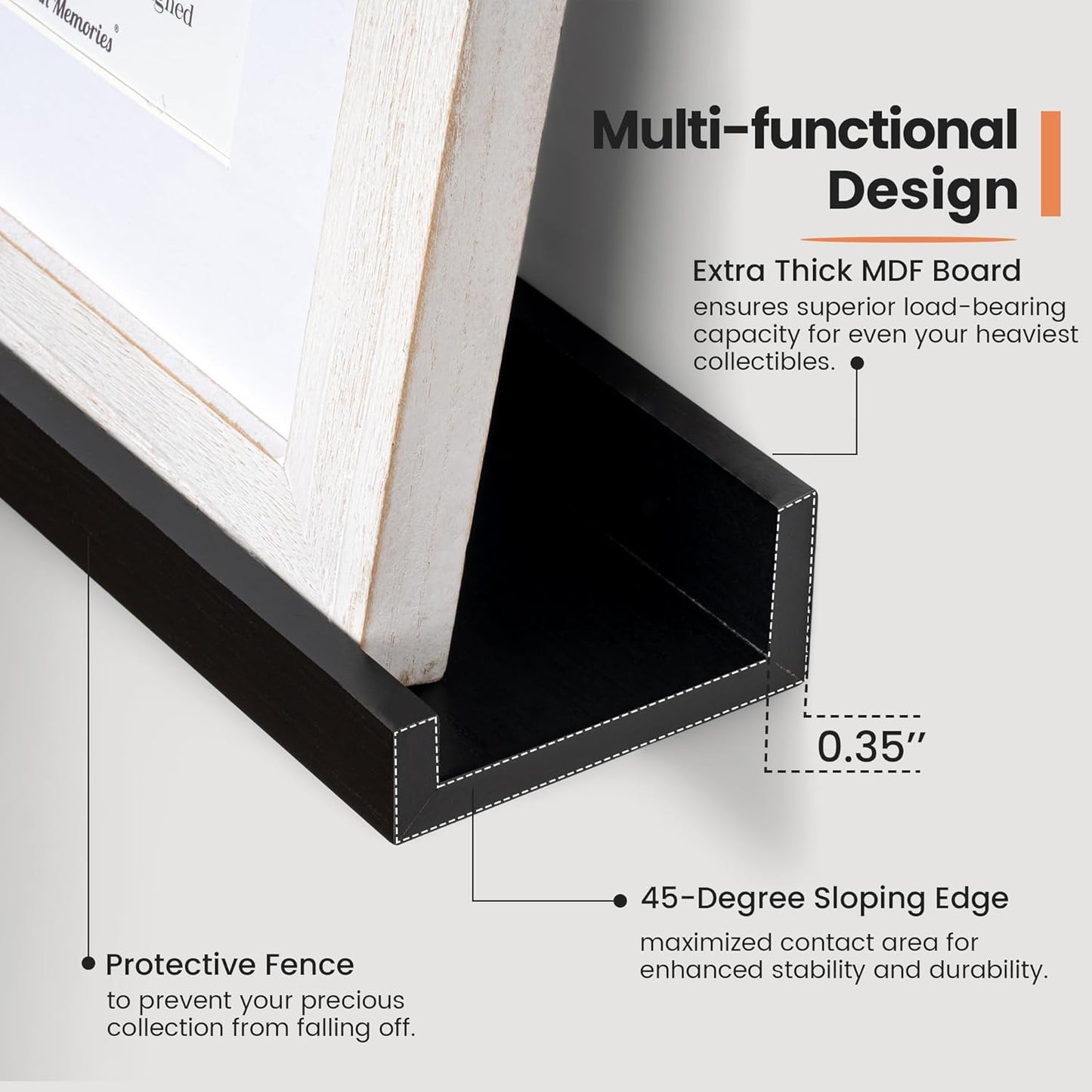 Fun Memories Picture Ledge Shelf, 16 Inch Long Floating Shelves Set of 6, Picture Shelf for Wall with Lip, Large Nursery Book Shelves for Storage, Wall Shelves for Living Room Bedroom Kitchen, Black