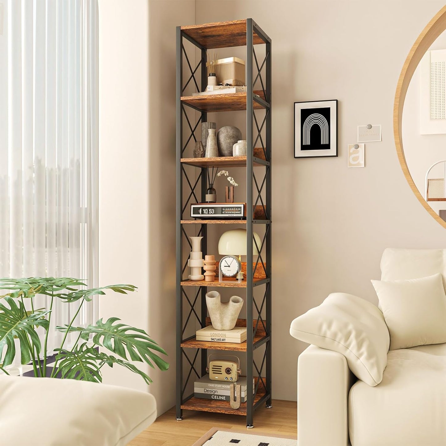 IBUYKE 6-Tier Tall Narrow Bookcase,Wood Corner Shelf Storage Display Rack for Small Spaces,Free Standing Open Bookshelf Square Shelf Tower for Home Office Living Room Bathroom, Rustic Brown UTBC001H