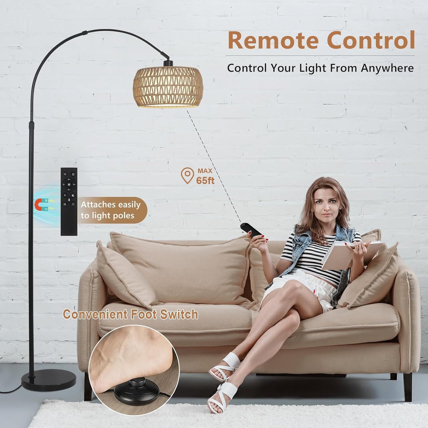 Arc Floor Lamps for Living Room with 3 Color Temperatures, Black Standing Lamp with Remote & Dimmable LED Bulb, Rattan Boho Floor Lamp, Farmhouse Tall Lamp for Bedroom, Over Couch Arched Reading Light