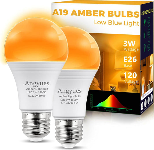 Amber Sleep Light Bulbs, Blue Light Blocking, A19 3W(25 Watt Equivalent) Dim Light Bulbs for Lamp,1800K Warm Light Bulbs,Mood Soothing Light E26 Warm Light Bulbs for Bedroom,2 Pack
