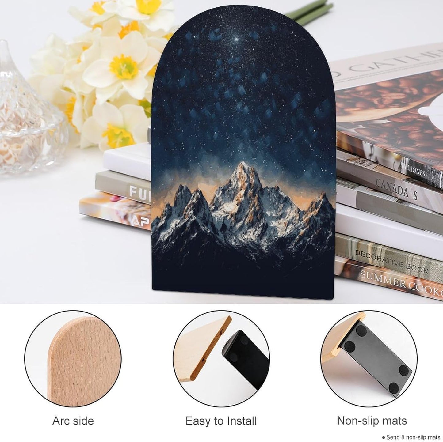 Starry Night The Mountains Wooden Bookend Non-Slip Book Ends Heavy Duty Book Stopper with Metal Base Books Holderd Decorative Bookends Stands Firmly for Office Supplies