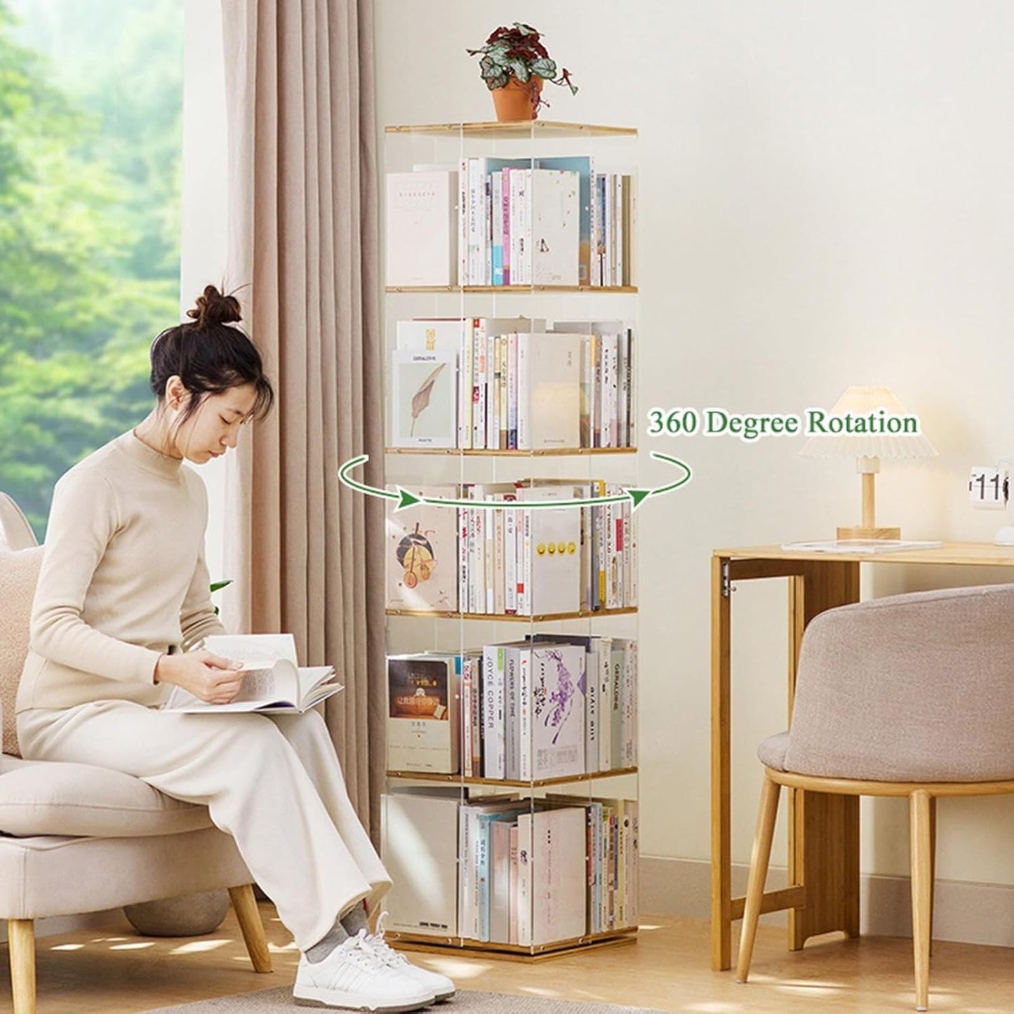 360° Rotating Bookcase - Clear Acrylic & Bamboo Freestanding Storage Shelf, Four-Tier Design for Bedroom, Living Room & Study, Stylish Striped Floor Stand Organizer