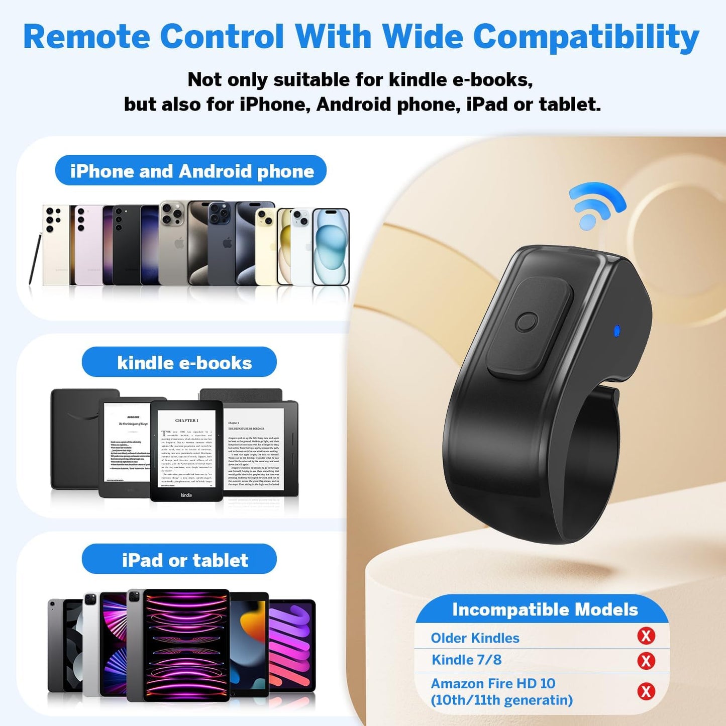 Page Turner Ring for Kindle,Remote Control for iPhone iPad Android Tablets E-Readers,Clicker Page Turner for Kindle Accessories for Camera Video Record&Shutter Selfie (Black)
