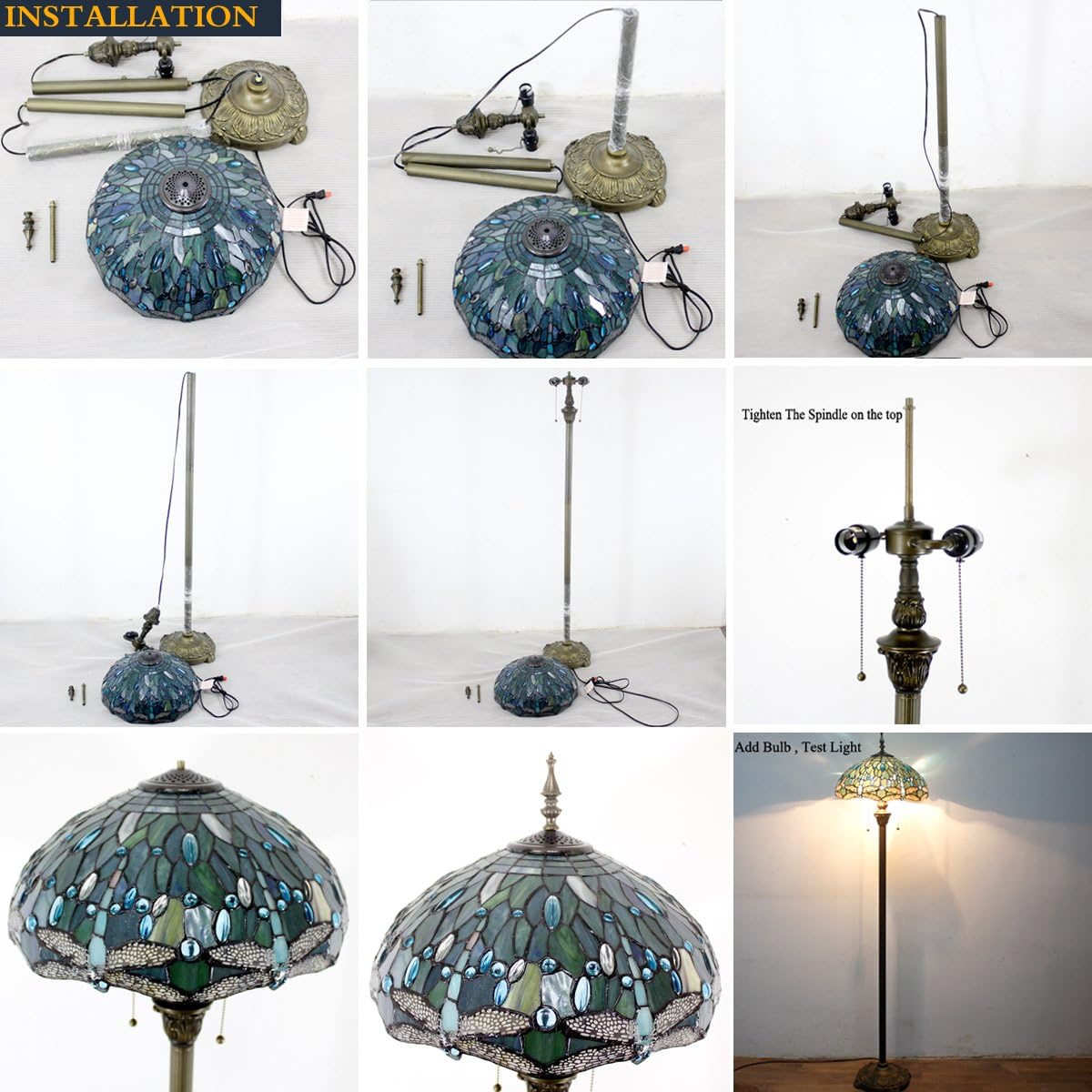 WERFACTORY Tiffany 플로어 램프 씨 블루 스테인드 글라스 잠자리 스탠딩 독서 조명 40.6 x 40.6 x 162.6cm 앤티크 폴 코너 램프 장식 침실 거실 홈 오피스 S147 시리즈