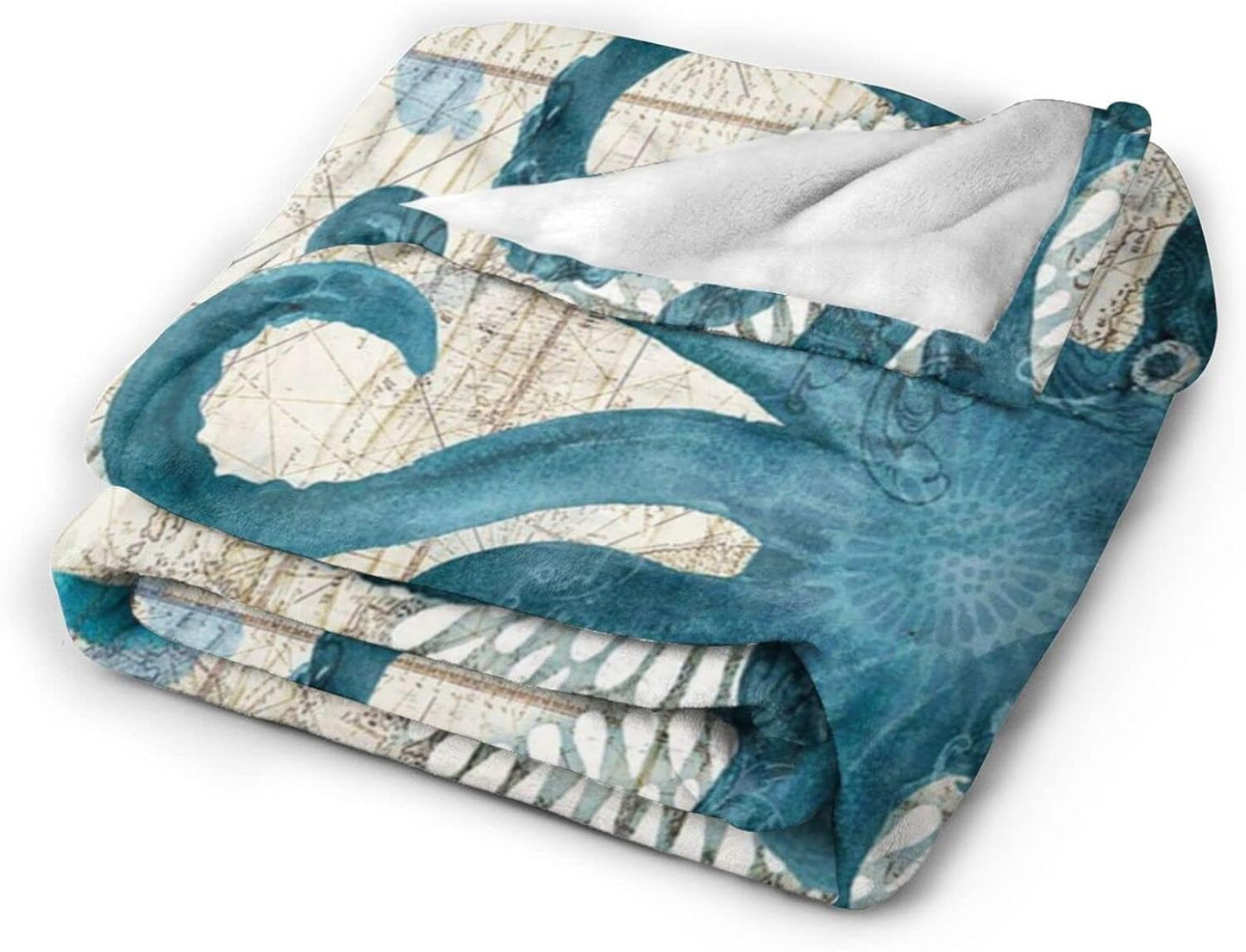 Blue Octopus Nautical Map Fleece Throw Blanket Ultra Soft Cozy Decorative Flannel Blanket All Season for Home Bed Couch Chair Travel 80x60in
