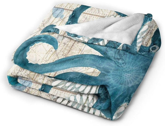 Blue Octopus Nautical Map Fleece Throw Blanket Ultra Soft Cozy Decorative Flannel Blanket All Season for Home Bed Couch Chair Travel 80x60in
