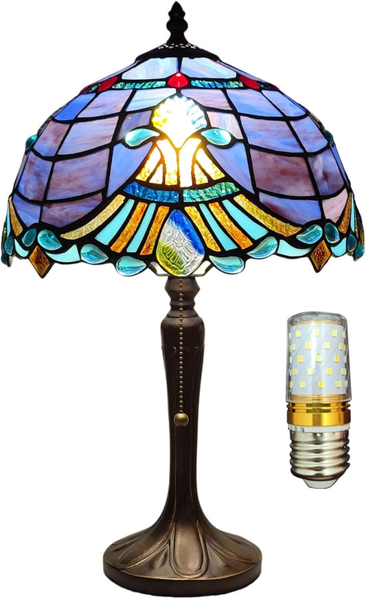 Tiffany Table Lamp Purple Baroque Style Stained Glass Lamp 3 Color Temperature 12 Inch Antique Desk Light Handcrafted Light for Bedroom Living Room Home, Included LED Bulb