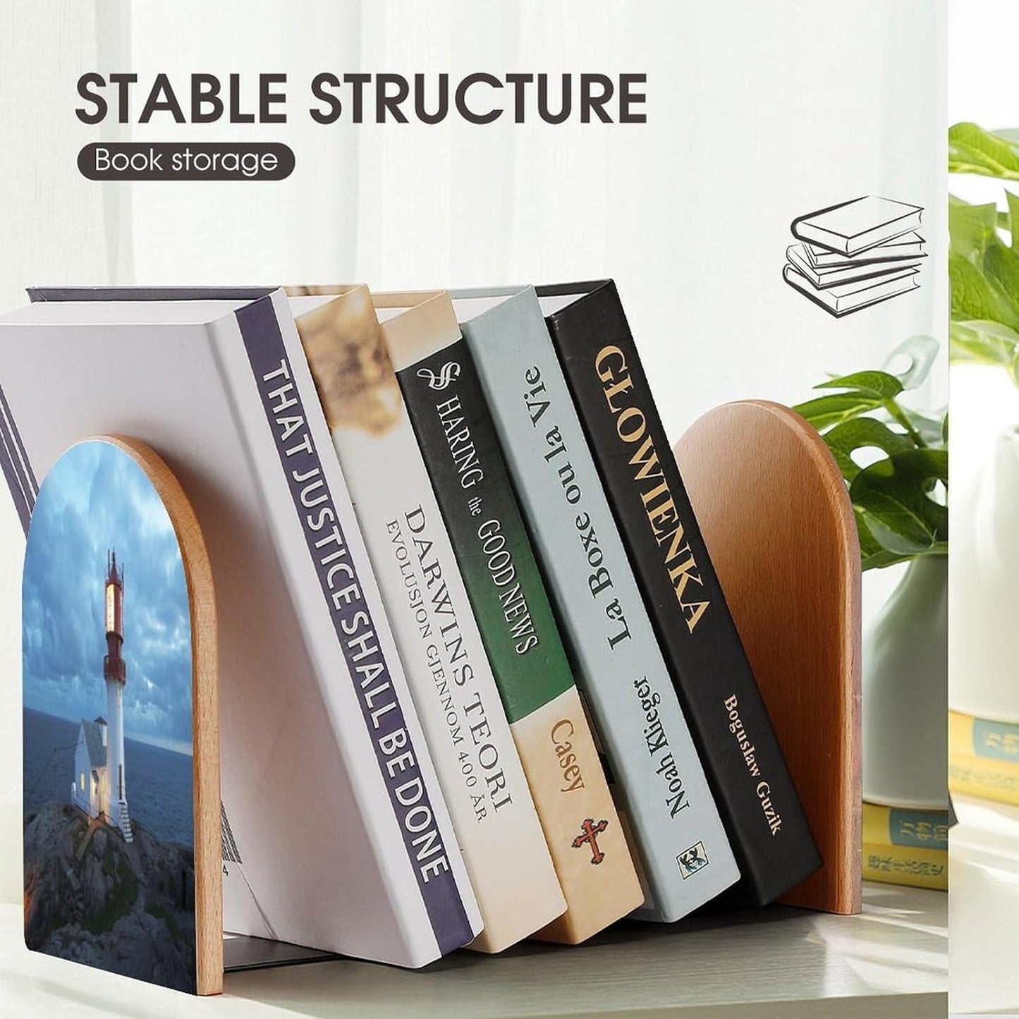 Lighthouse at Night Wooden Bookend Non-Slip Book Ends Heavy Duty Book Stopper with Metal Base Books Holderd Decorative Bookends Stands Firmly for Office Supplies