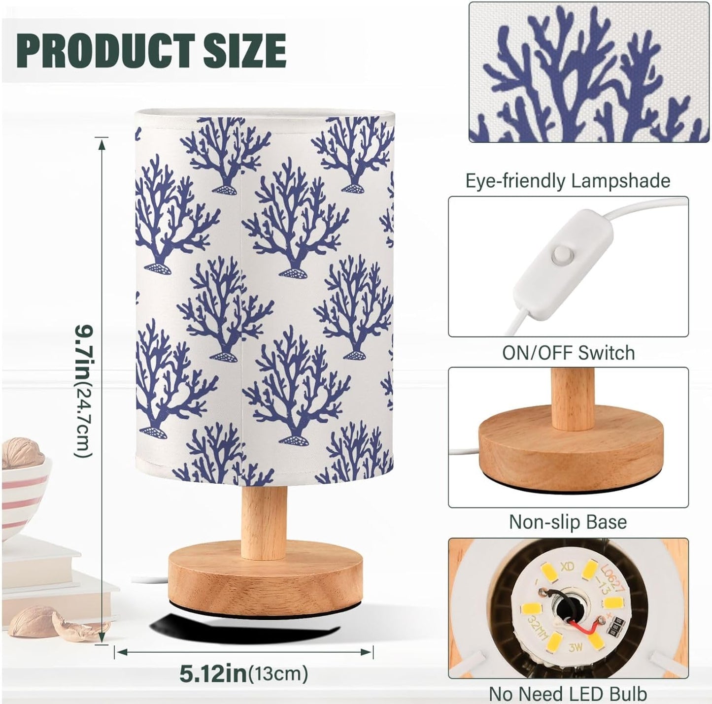 Fustylead Navy Blue Coral Table Lamp for Bedroom USB Port Lamps Small Accent Table Lamp Nightstand Lamp Study Linen Shade with Wooden Base, Decorative Lamps for Bedside Reading|Kids|Dorm|Home