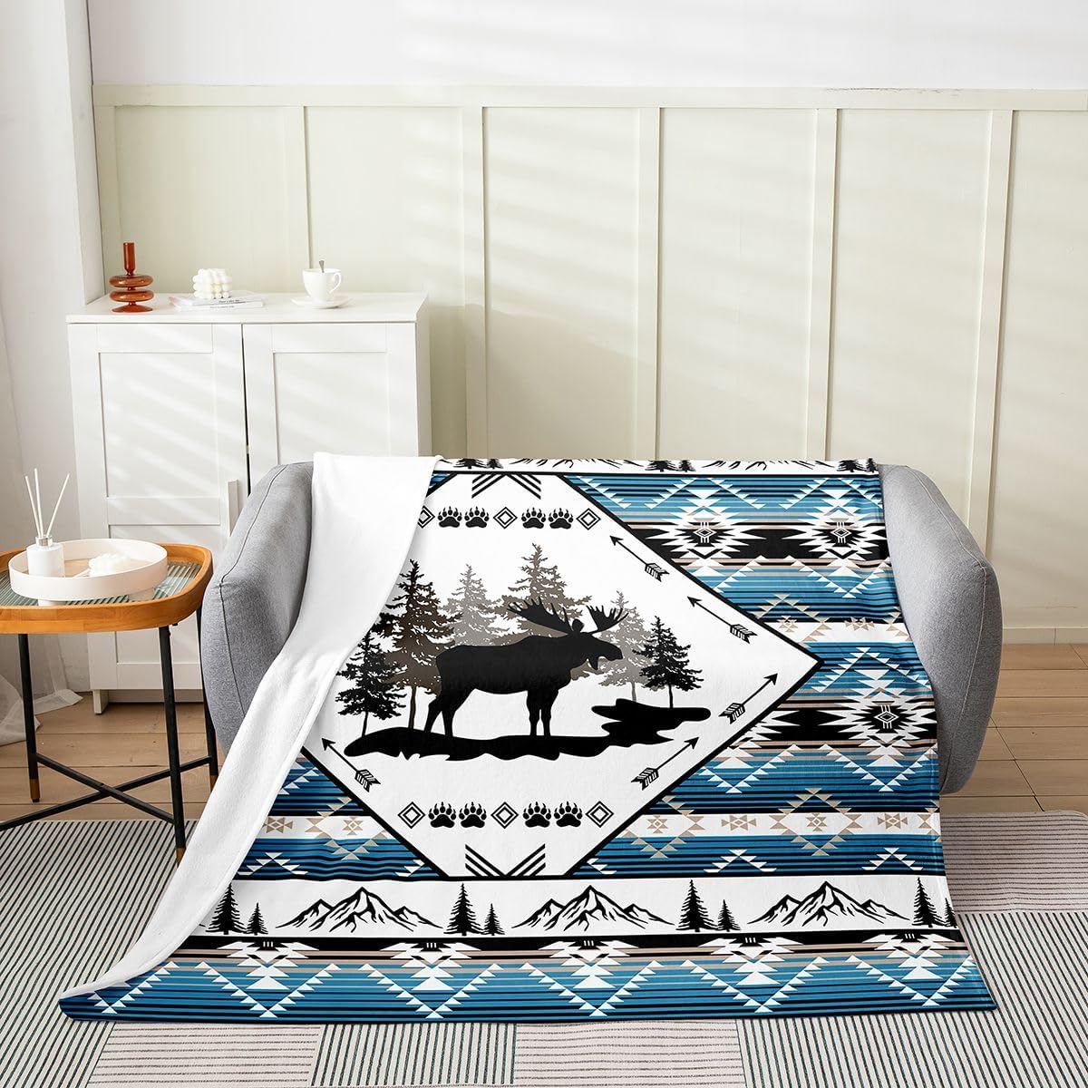 Feelyou Moose Flannel Fleece Throw Blanket Western Queen 90"x90" Southwestern Aztec Fleece Throw Blanket for Kids Women Men Wild Animals for Bed Couch Chair Living Room Blue Black Bedroom Decor